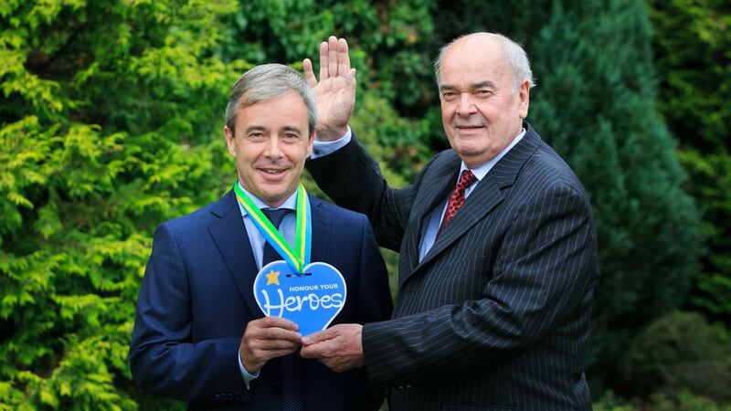 Consultant neuroradiologist Dr John Thornton (left) and stroke victim Patrick O’Reilly from Ballina at an Honour Your Heroes reception hosted by Beaumont Hospital Foundation, which sees former patients return to the hospital to give thanks to staff who they believe made all the difference to their recovery. Photograph: Gareth Chaney/Collins