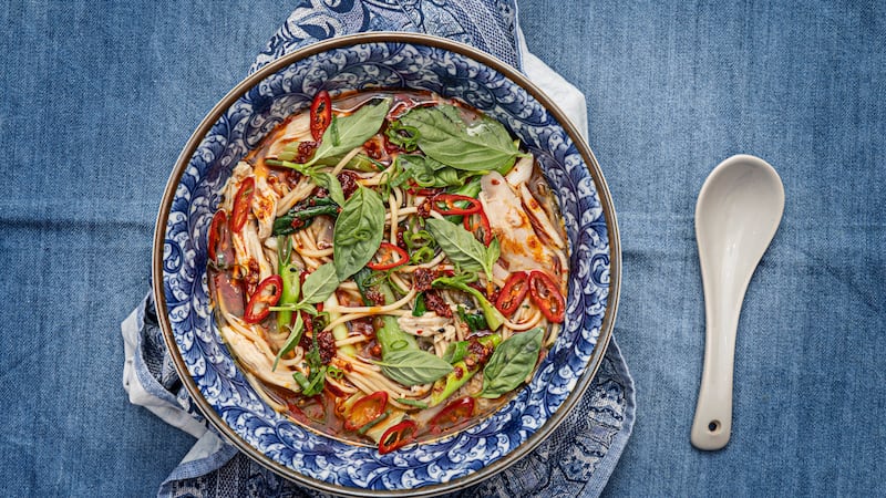 Monday night hot and sour chicken noodle broth with chilli and basil