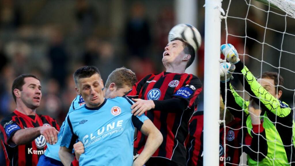 Bohemians goalkeeper Dean Delany under pressure last night. Photograph: Ryan Byrne/Inpho
