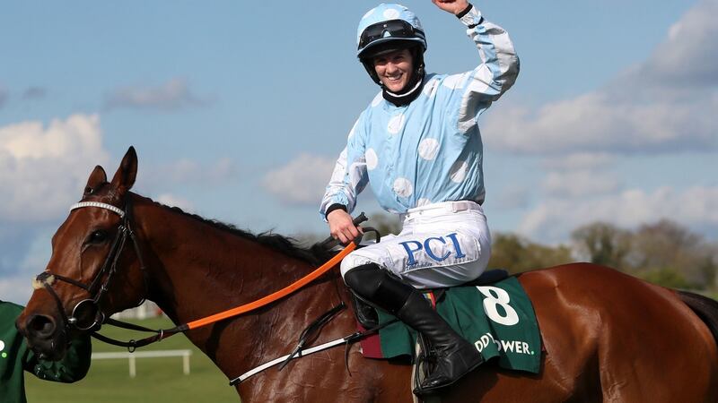 Jockey Rachael Blackmore celebrates after Punchestown Champion Hurdle with Honeysuckle. Photogeaph: Brian Lawless/PA