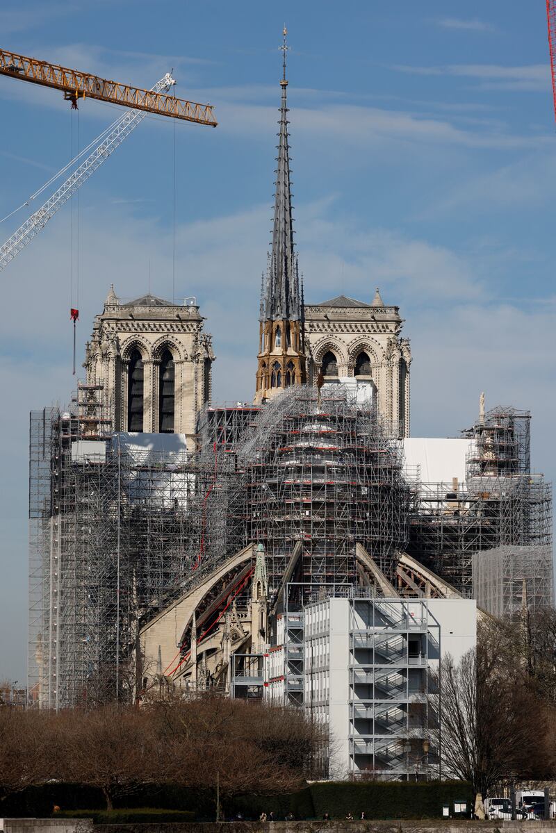 Notre-Dame: the reconstructed spire after scaffolding was removed in March 2024. Photograph: Ludovic Marin/AFP via Getty