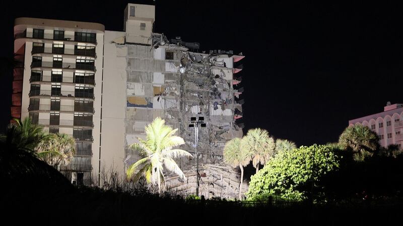 A portion of the 12-story condo tower crumbled to the ground during a partial collapse of the building on June 24th, 2021 in Surfside, Florida. Photograph: Joe Raedle/Getty Images