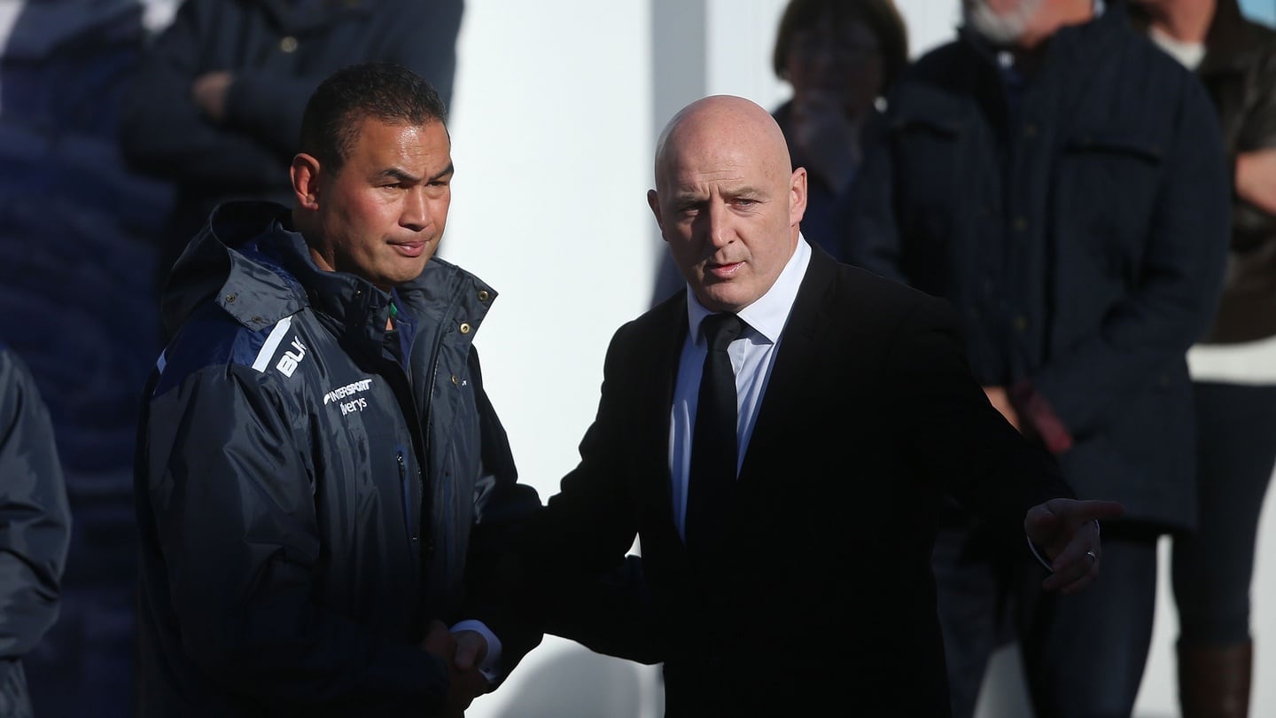 Former Munster player Keith Wood (right) welcomes Connacht Rugby head coach Pat Lam as the coffin of Munster Rugby head coach Anthony Foley is brought to repose in St Flannan’s Church, Killaloe in Co Clare, on Thursday. Photograph: PA