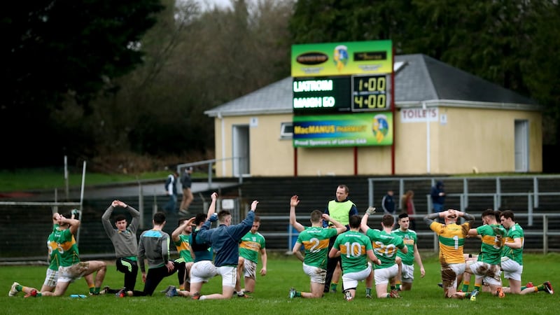 The Leitrim team warm down after their penalty shootout defeat to Mayo in January. Photo: James Crombie/Inpho