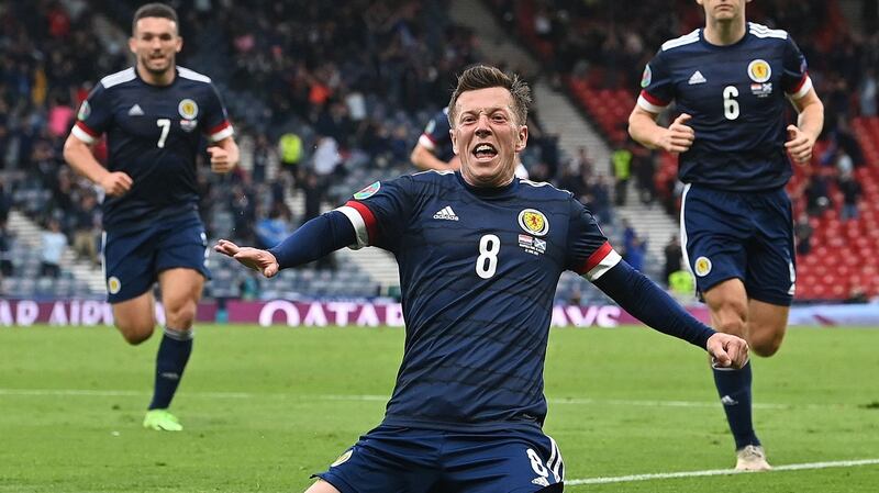 Callum McGregor celebrates after scoring Scotland’s equaliser against Croatia. Photograph: Paul Ellis/Getty/AFP