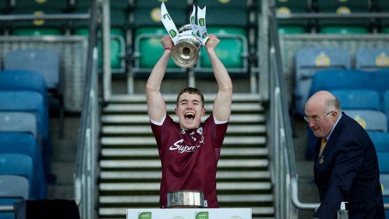 Galway captain Jack Glynn lifts the trophy after the victory over Dublin in the EirGrid All-Ireland Under 20 Championship Final. Photograph: Tommy Dickson/Inpho