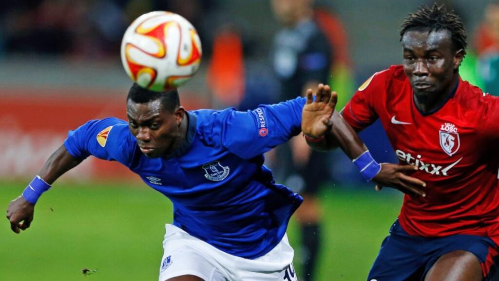 Lille’s Pape Souare challenges Everton’s Christian Atsu during their Europa League game at the Pierre Mauroy Stadium. Photograph: Pascal Rossignol/Reuters