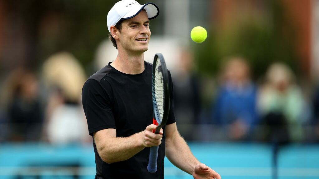 Andy Murray during a practice session  ahead of the Fever-Tree Championship at the Queen’s Club in London. Photograph:  Steven Paston/PA Wire
