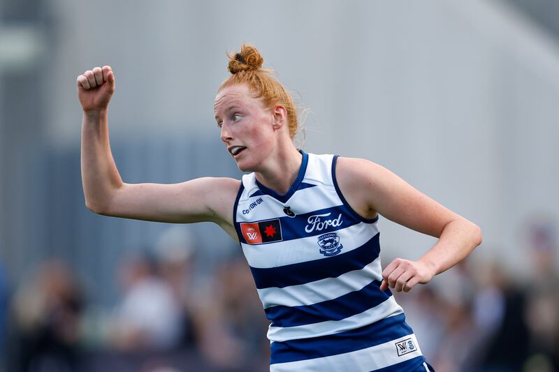 Aishling Moloney of the Cats celebrates a goal during the AFLW. Photograph: Dylan Burns/AFL Photos via Getty