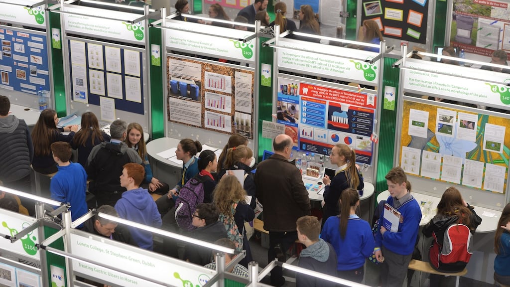 BT Young Scientist and Technology Exhibition: the RDS Main Hall has space for 550 research projects, but demand is such that main organisers BT could provide four times as many projects if space allowed. Photograph: Alan Betson / The Irish Times