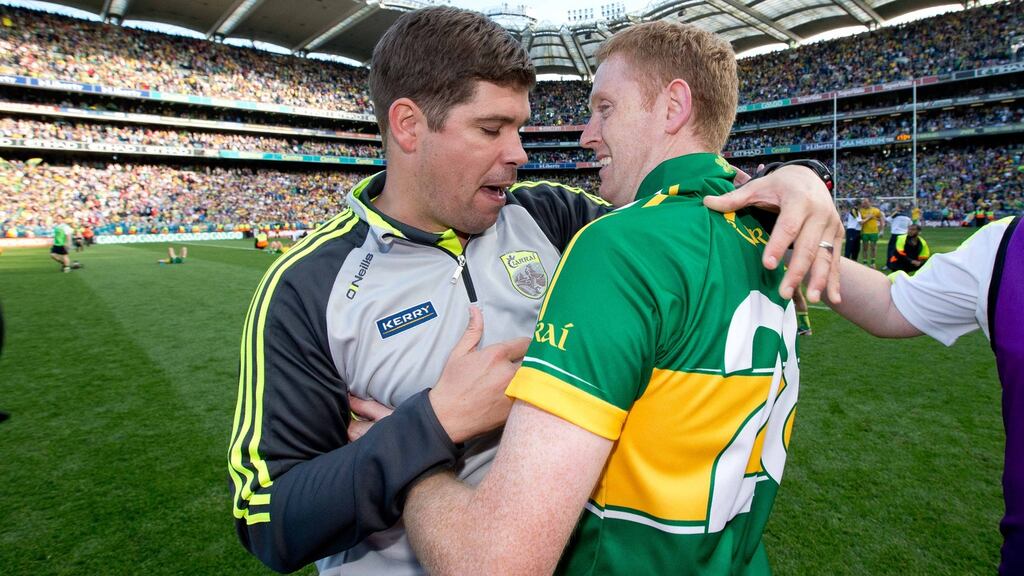 Kerry manager Eamonn Fitzmaurice celebrates with Colm Cooper after winning the 2014 All Ireland final. Photo: Morgan Treacy/Inpho