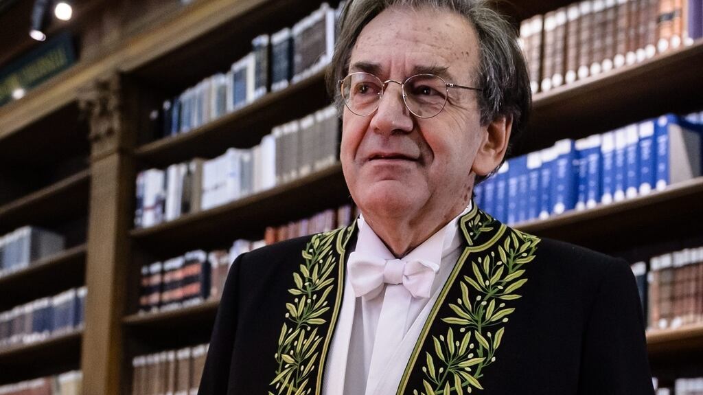 French philosopher Alain Finkielkraut poses in the Institut de France library prior to his induction ceremony at the Académie francaise on Thursday. Photograph: EPA/Christophe Petit Tesson
