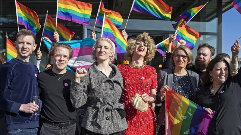 Members of the Yes campaign cheer after initial results showed Switzerland voted to make discrimination on the basis of sexual orientation or identity punishable by law. Photograph: Peter Klaunzer/EPA