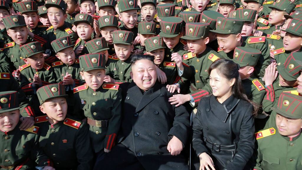 North Korean leader Kim Jong-un and his wife Ri Sol-ju at the Mangyongdae Revolutionary School in Pyongyang in March. The country’s ambassador to the UN in Geneva, said US “pressure and provocative acts” would only give his country grounds to take unspecified measures. Photograph: AFP/Getty Images