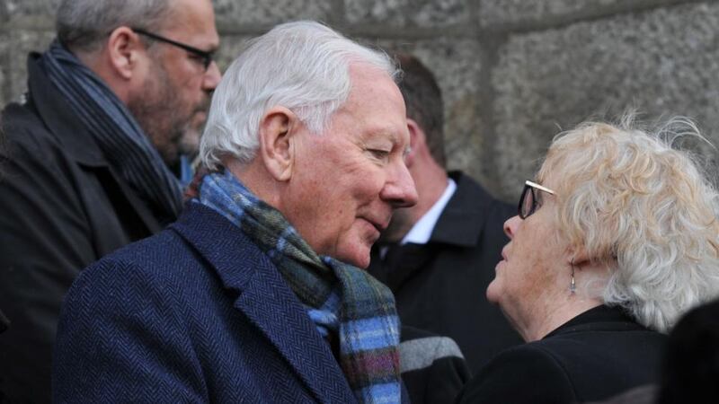 Gay Byrne offers his condolences to Pat Donlon. Photograph: Dara Mac Dónaill