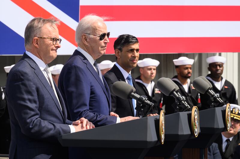 Anthony Albanese, Joe Biden and Rishi Sunak hold a press conference in San Diego, California, on Monday. Photograph: Leon Neal/Getty Images