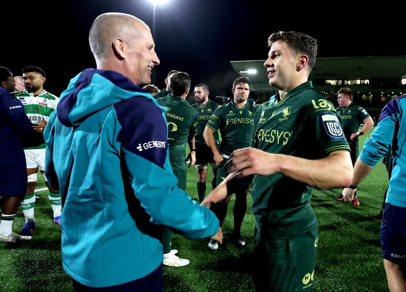 Connacht head coach Stuart Lancaster with Sean Naughton following the team's URC victory against Benetton at Dexcom Stadium in Galway on Saturday. Photograph: James Crombie/Inpho