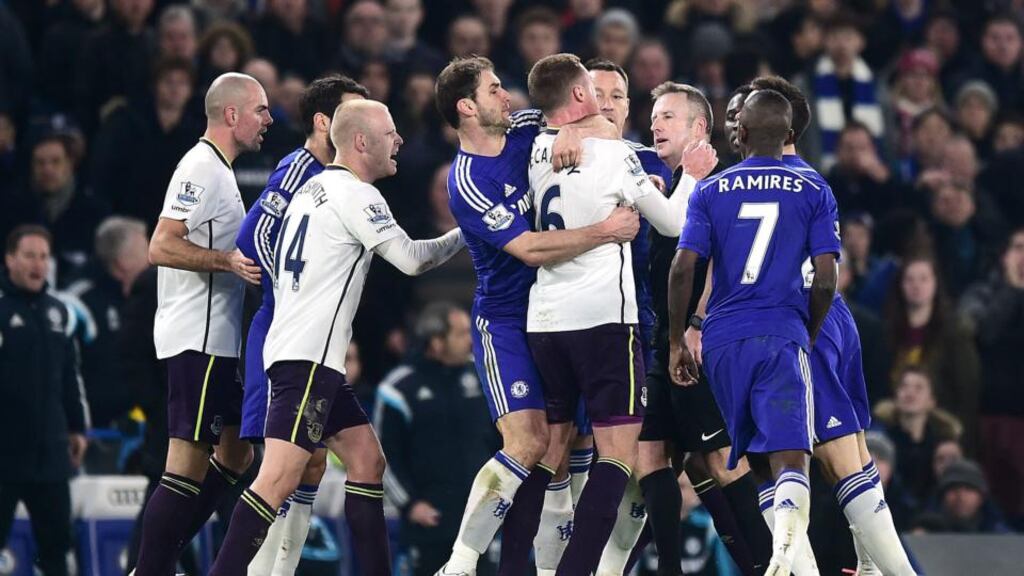 Jose Mourinho threatened to leave his post match press conference when asked about Branislav Ivanovic’s alterction with Ireland’s James McCarthy in the closing stages of Chelsea’s 1-0 win over Everton at Stamford Bridge. (Photograph: Adam Davy/PA Wire)