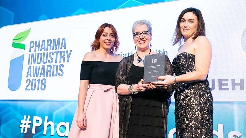 Ann McGee, Managing Director, PharmaLex presents the Operational Excellence Award to Louise O’Reilly & Karen Breen, Amgen Technology Ireland.