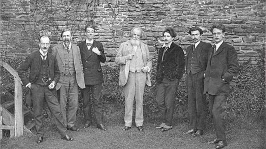 Victor Plarr, Thomas Sturge Moore, William Butler Yeats, Wilfrid Scawen Blunt, Ezra Pound, Richard Aldington, and F. S. Flint at the ‘peacock dinner’. Photograph: Fitzwilliam Museum, Cambridge