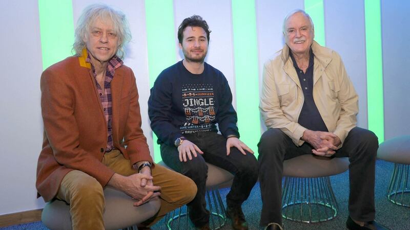 Sir Bob Geldof, Josh Littlejohn and John Cleese in Princes Street Gardens in Edinburgh for the Sleep in the Park event. Photograph: Jeff Holmes/PA Wire