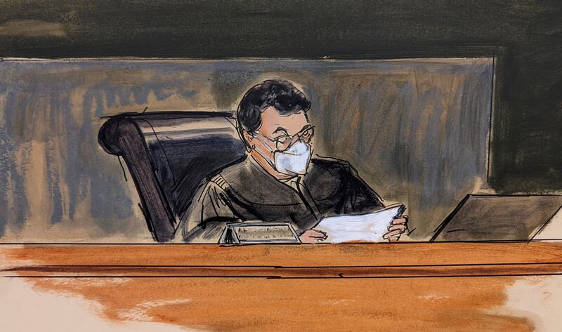 Courtroom sketch of Judge Alison Nathan reading the guilty verdict against Ghislaine Maxwell in her sex trafficking trial. Illustration: Elizabeth Williams via AP