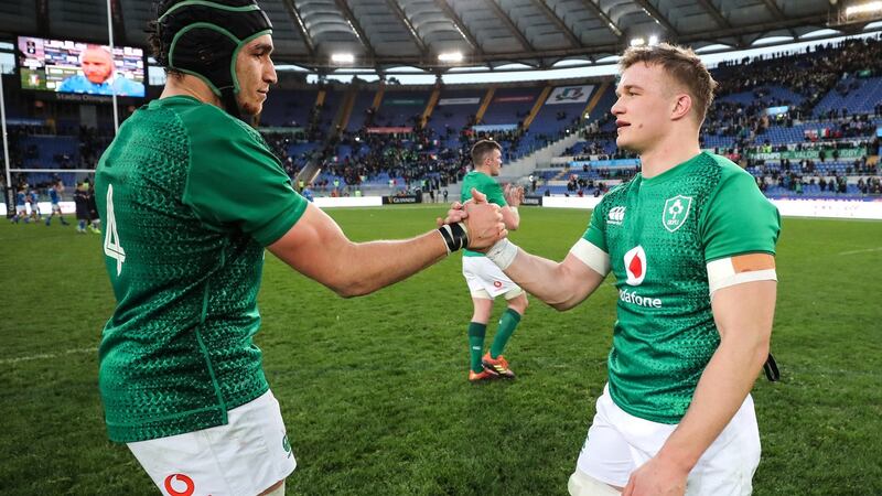 Ultan Dillane and Josh van der Flier after the match. Photograph: Billy Stickland/Inpho