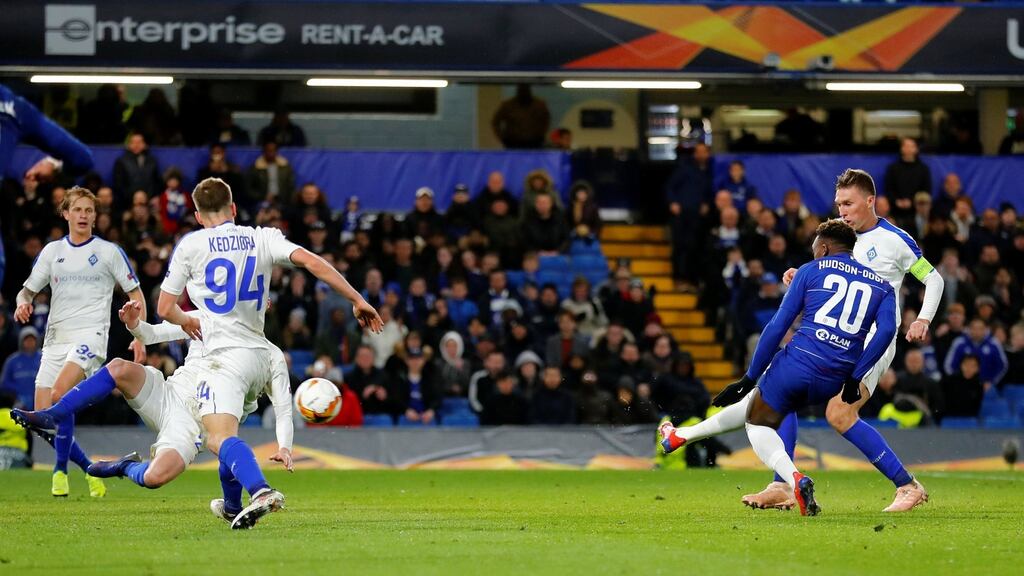 Chelsea’s Callum Hudson-Odoi scores their third goal during the Europa League round of 16 first leg against Dynamo Kiev at Stamford Bridge. Photograph: Eddie Keogh/Reuters