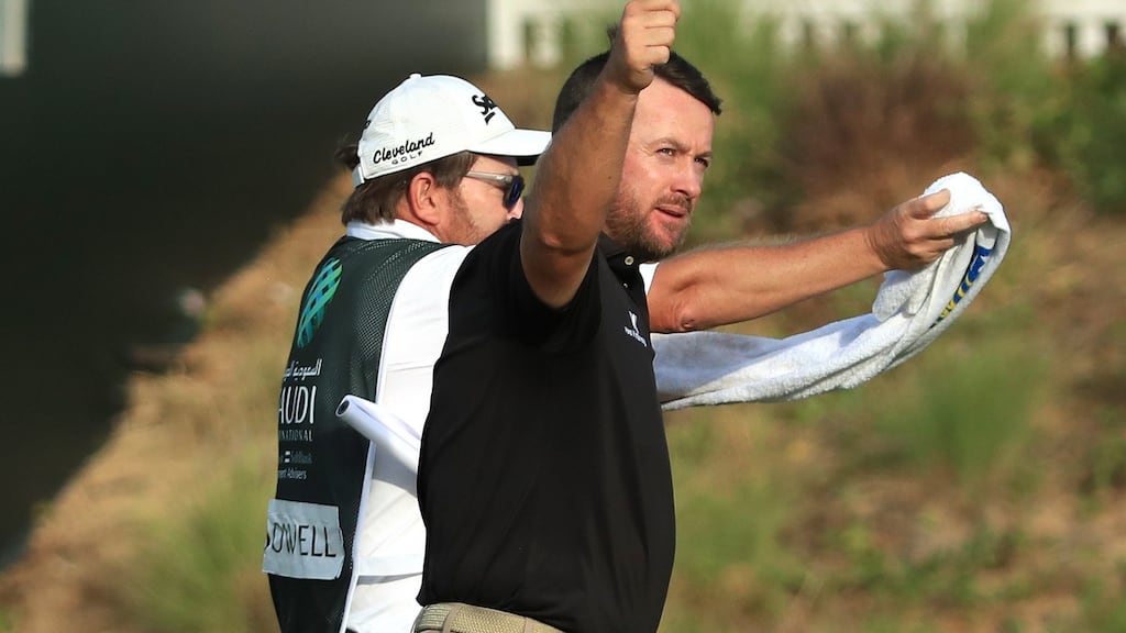 Northern Ireland’s Graeme McDowell on the 18th green during the final day of the Saudi International. Photograph: Andrew Redington/via Getty Images