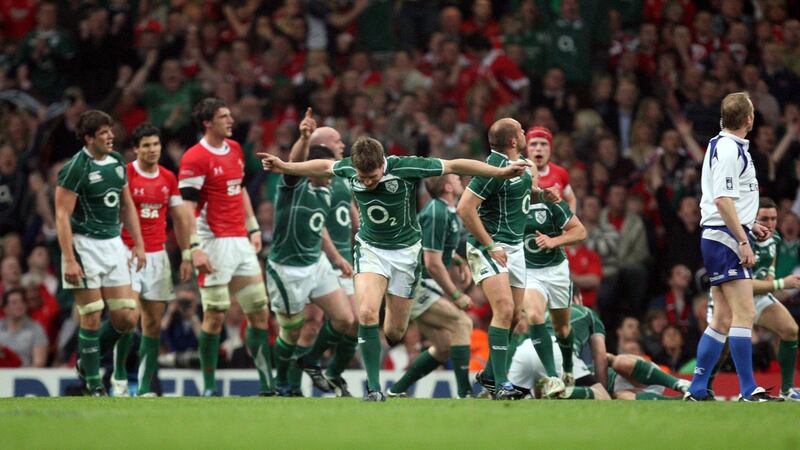Ireland’s Ronan O’Gara celebrates scoring a vital drop goal in the famous Grand Slam-winning victory over Wales in Cardiff in 2009. Photograph: Dan Sheridan/Inpho