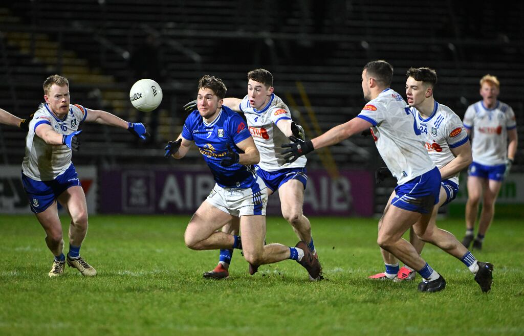 Oisín Kiernan of Cavan looks for support during the Allianz Football League Division Two match against Monaghan at Kingspan Breffni Park. Photograph: Andrew Paton/Inpho