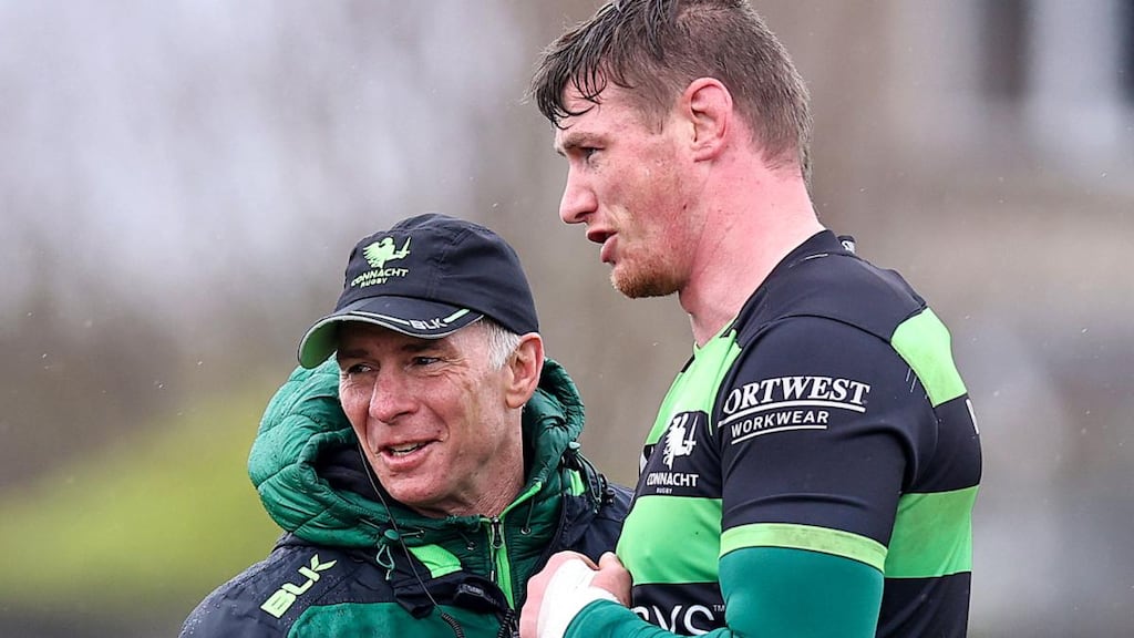 Connacht coach Andy Friend with Gavin Thornbury at the Sportsground, Galway. The attitude of not to “die wondering” has firmly penetrated his squad. Photograph: Tommy Dickson/Inpho