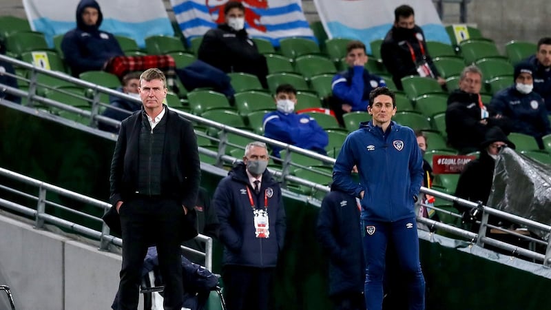 Republic of Ireland manager Stephen Kenny and assistant Keith Andrews during the World Cup qualifier against Luxembourg at the Aviva Stadium. Photograph: Ryan Byrne/Inpho