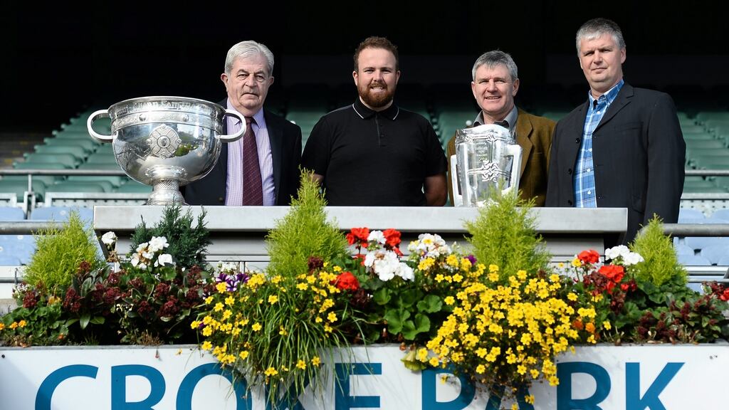 Willie Bryan, Golfer Shane Lowry with former Offaly hurling captains Martin Hanamy and Hubert Rigney, were in Croke Park tto announce Offaly GAA’s plans to develop a new centre of excellence. Photograph: Sam Barnes/Sportsfile