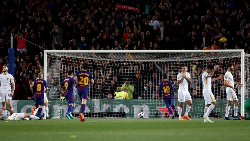 Daniele De Rossi’s own goal gives Barcelona the lead against AS Roma. Photograph: Juan Medina/Reuters