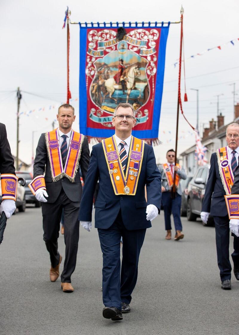DUP leader Jeffrey Donaldson marches as a member of Ballinran Orange Lodge through Kilkeel, Co. Down. Photograph: Liam McBurney/PA Wire
