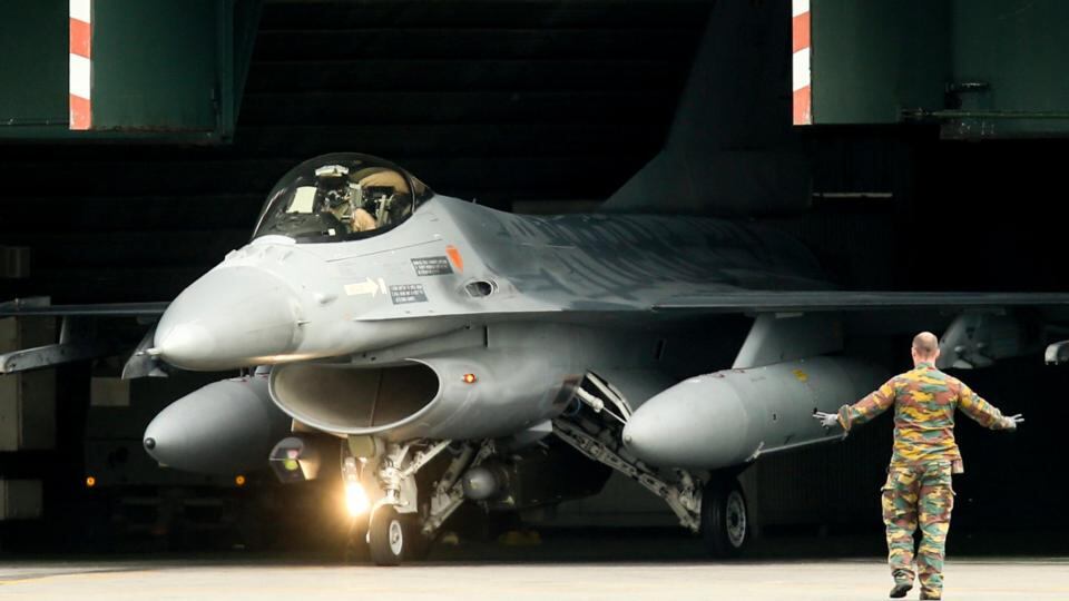 A Belgian F-16 fighter jet prepares to take off to join an international coalition fighting against the Islamic State (IS), at the military airbase in Florenne, Belgium yesterday. Photograph: EPA