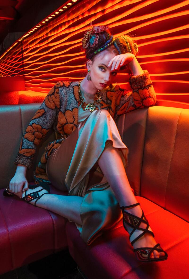 Floral motif wool cardigan (¤393) Marc Cain, Cork. Gold dress (¤995) Jennifer Rothwell, Powerscourt, Dublin. Belt (¤49.50) Sheena’s Boutique, Cork. Ornate earrings (¤147) Olori Boutique, Cork. Chain (¤65) Isobella Ru, Cork. Metallic heeled shoes (¤65) Shooz Footwear & Accessories, Mallow Cork.