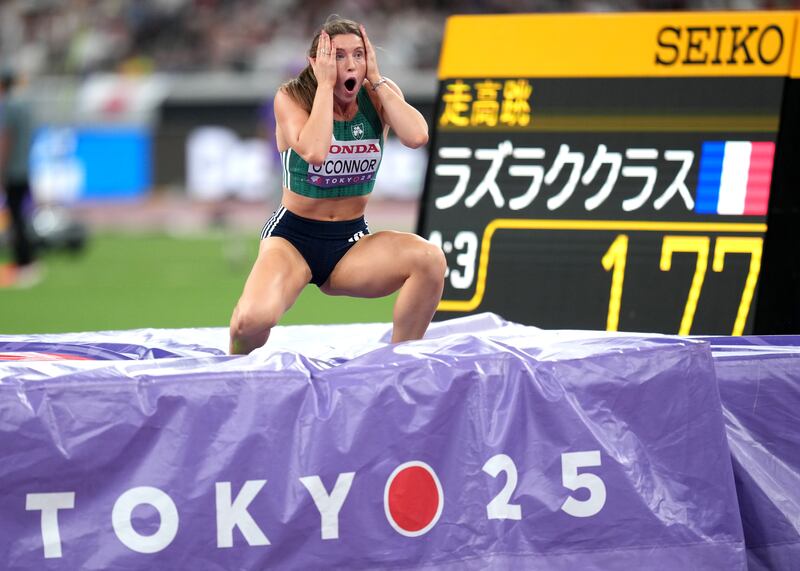 Ireland's Kate O'Connor reacts after clearing 1.86m for a new personal best. Photograph: Martin Rickett/PA