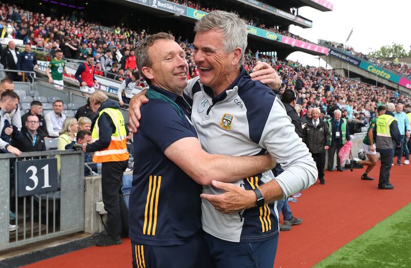 Meath's manager Colm O’Rourke celebrates at the final whistle. Photograph: Bryan Keane/Inpho