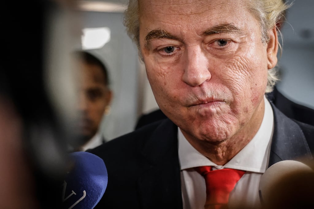 Leader of the PVV (The Party for Freedom) Geert Wilders gives his reaction following the Dutch parliamentary election vote. Photograph: Simon Wohlfahrt/ AFP via Getty Images