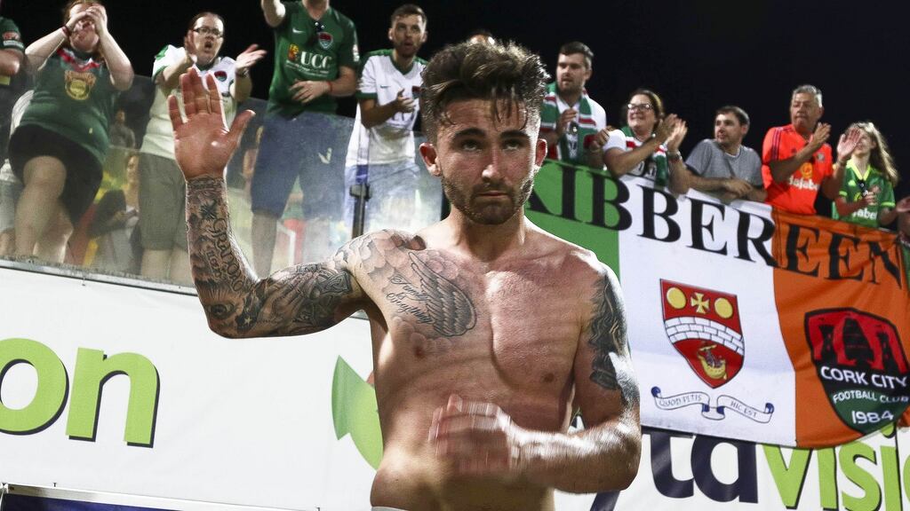 Seán Maguire waves goodbye to the Cork City fans after playing his final game for the club in the Europa League against AEK Larnaca in Cyprus. Photograph: Philip Soteriou/Inpho