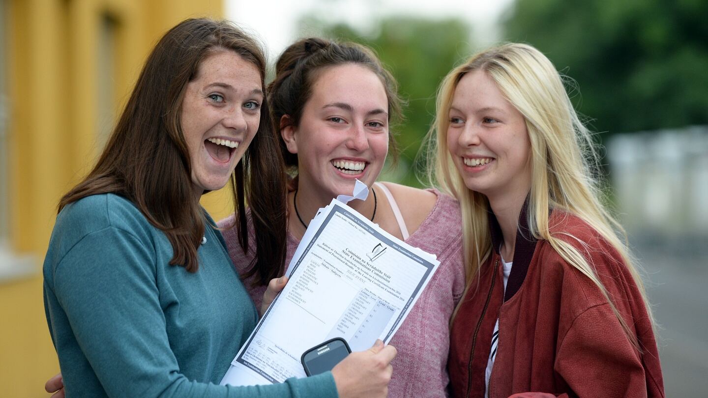 Julie Byrne from Blackrock, Sarah McGovern from Donnybrook and Kate Sheehan from Donnybrook celebrate their Leaving Certificate  results at Muckross Park College in Dublin. Photograph: Eric Luke/ The Irish Times