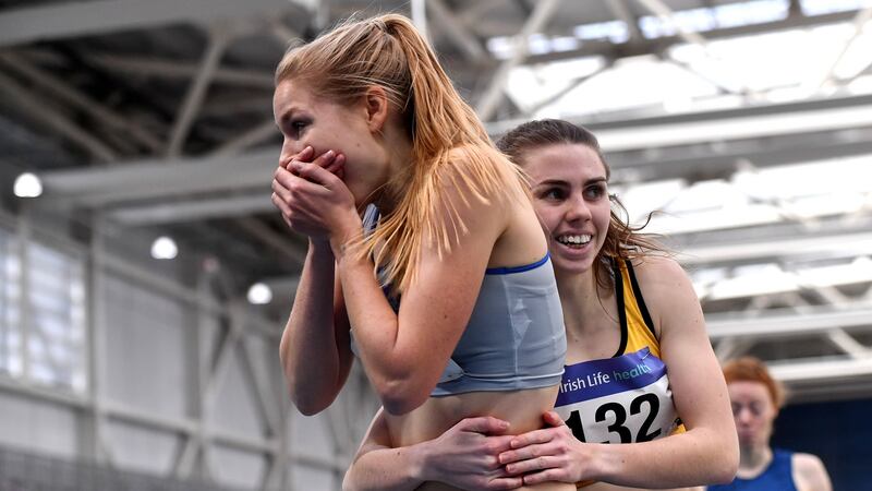 Georgie Hartigan of Dundrum South Dublin AC, Dublin, reacts after winning in the Women’s 800m with a PB of 2:01.48. Photograph: Sam Barnes/Sportsfile