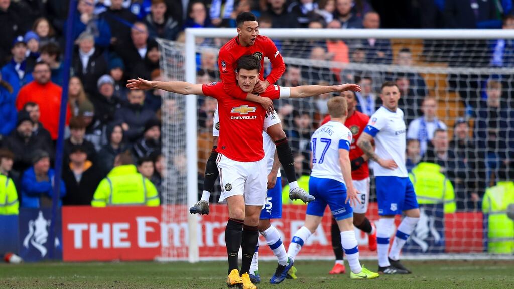 Manchester United’s Harry Maguire celebrates scoring his side’s first goal of the game during the FA Cup fourth round win at Tranmere. Photo: Simon Cooper/PA Wire