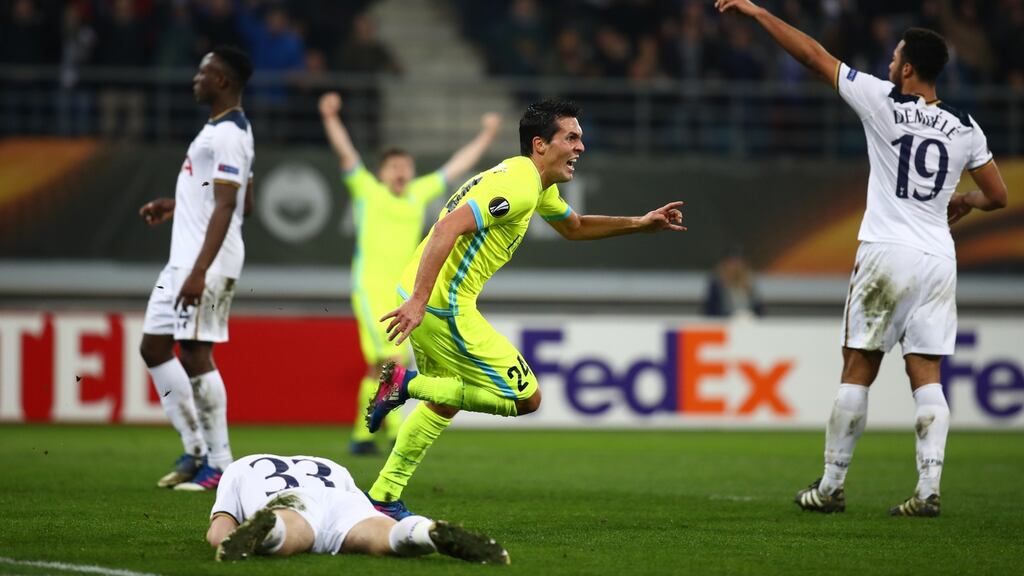 Jeremy Perbet of KAA Gent celebrates after scoring his side’s first goal during the Europa League Round of 32 first leg match at Ghelamco Arena. Photo: Dean Mouhtaropoulos/Getty Images