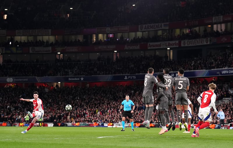 Arsenal's Declan Rice scores the first of his two free-kicks against Real Madrid. Photograph: John Walton/PA Wire