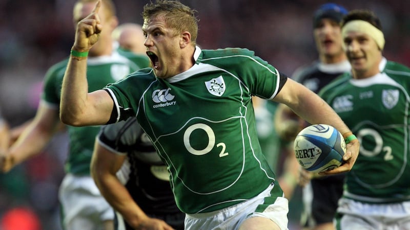 Jamie Heaslip celebrating a try against Scotland in 2009. No other Irish number eight can lay claim to a Grand Slam and two other Six Nations title successes. Photograph: Dan Sheridan/Inpho