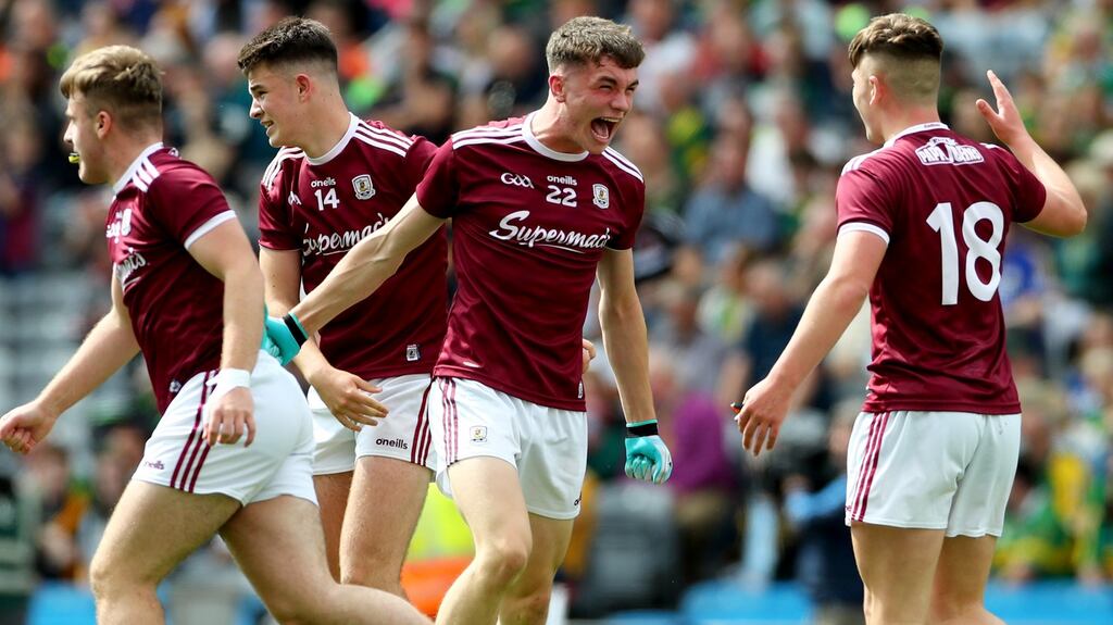 The Galway players celebrate their sesmi-final win over Kerry. Photogtaph: James Crombie/Inpho