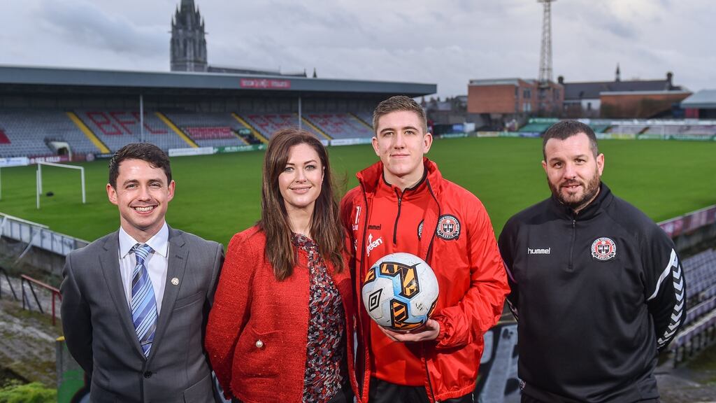 Bohemians player Oscar Brennan (second from right) with (from left) More Than A Club representatives Shane Fox, Carina O’Brien and Ger Coughlan at Dalymount Park on Tuesday. Photograph: David Fitzgerald/Sportsfile